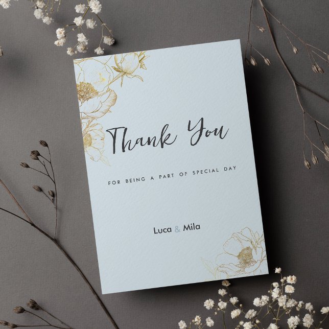 Baby blue gold glitter peony floral Thank You  Invitation (Baby blue gold glitter peony floral Thank You )