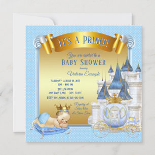Baby Blue Gold Prince Baby Shower Invitations