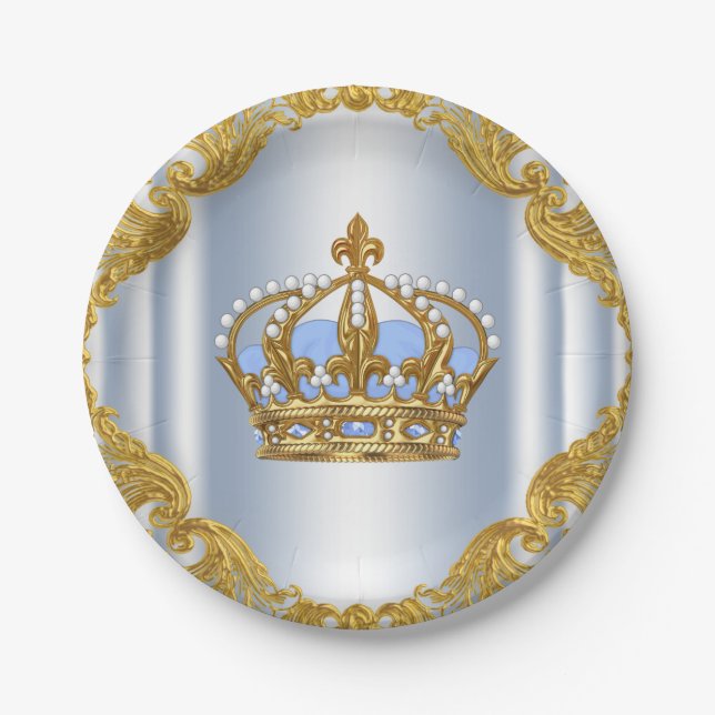 Baby Blue Gold Prince Baby Shower Paper Plates (Front)