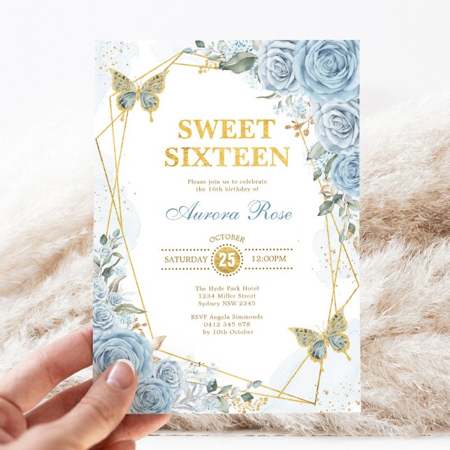 Baby Blue Gold Sweet 16 Butterfly Geometric Frame Invitation (Creator Uploaded)