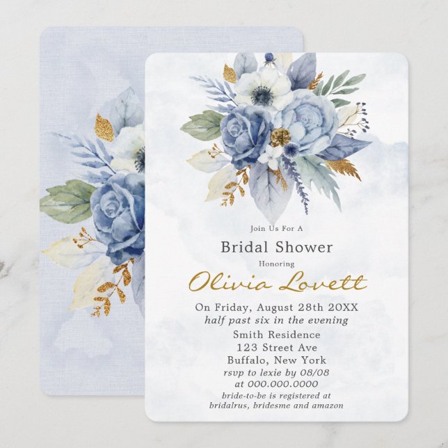 Baby Blue Gold Watercolor Peony Chic Bridal Shower Invitation (Front/Back)