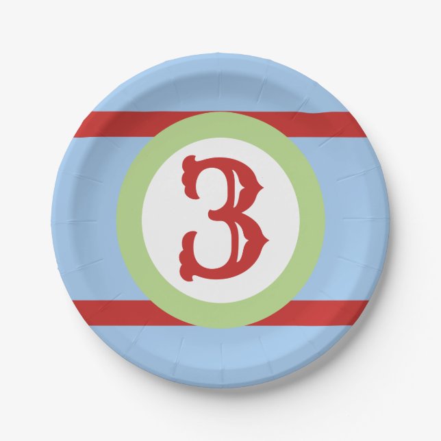 Baby Blue Green and Red Custom Number Birthday Paper Plate (Front)