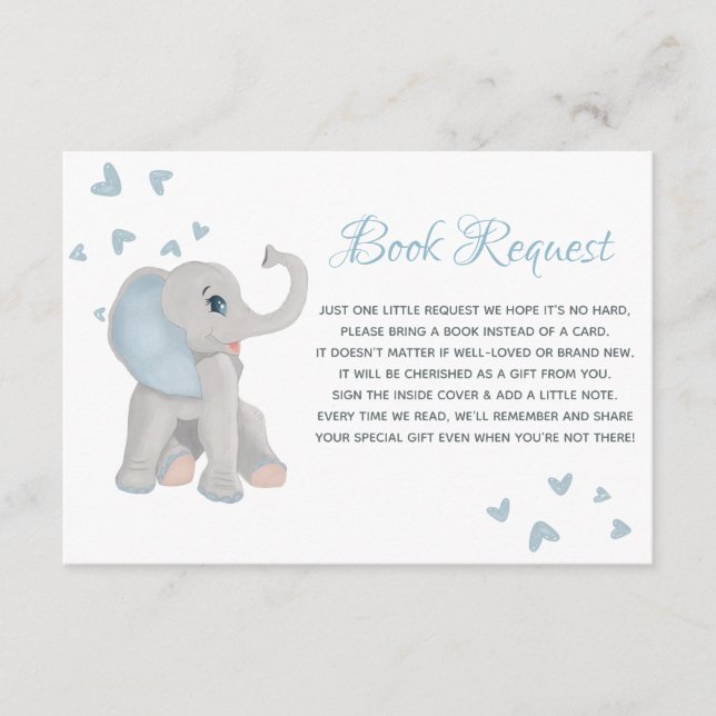 Baby Blue Grey Elephant Watercolor Book Request Enclosure Card (Front)