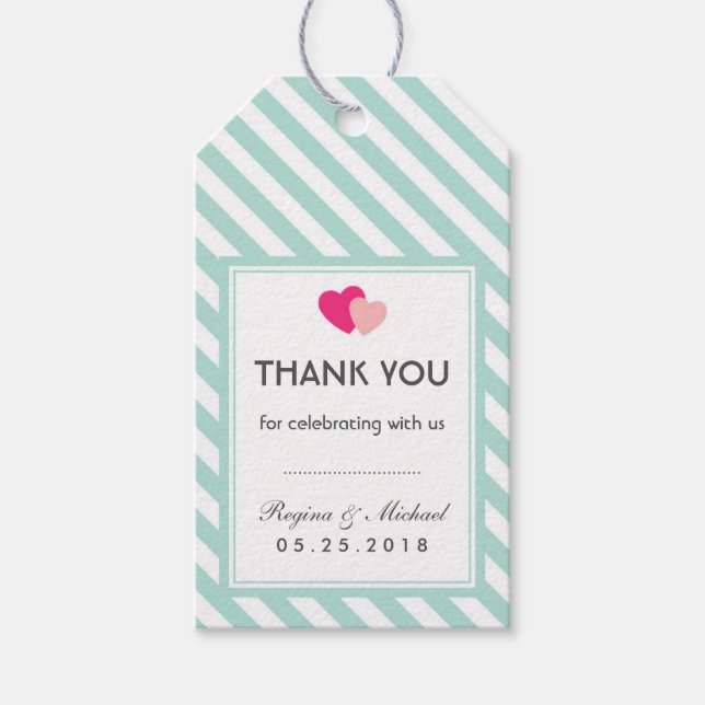 Baby Blue Heart Stripes Pattern Wedding Gift Tag (Front)