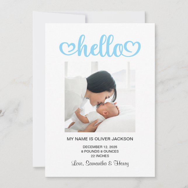 Baby Blue Hello Hearts Script Birth Announcement (Front)