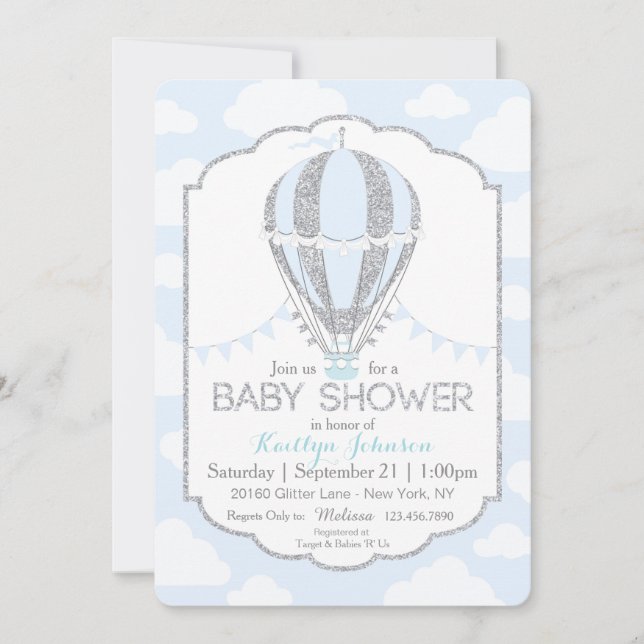 Baby Blue Hot Air Balloon Boy Baby Shower Invitation (Front)