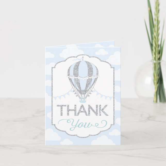 Baby Blue Hot Air Balloon Silver Glitter Thank You Card (Front)