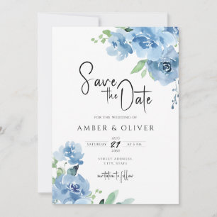 Baby Blue Light Blue Floral Leaves Save The Date Invitation