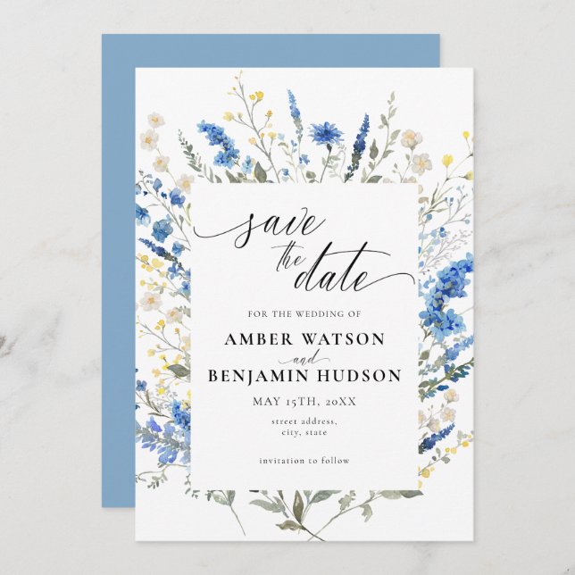 Baby Blue Light Dainty Wild Floral Save The Date Invitation (Front/Back)