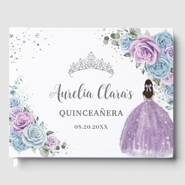 Baby Blue Lilac Floral Princess Silver Quinceañera Guest Book (Front)