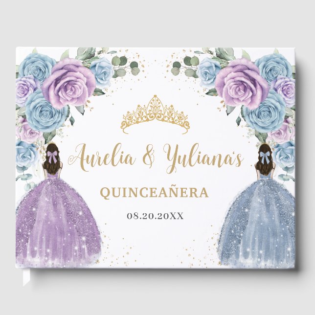 Baby Blue Lilac Floral Princesses Twin Quinceañera Guest Book (Front)