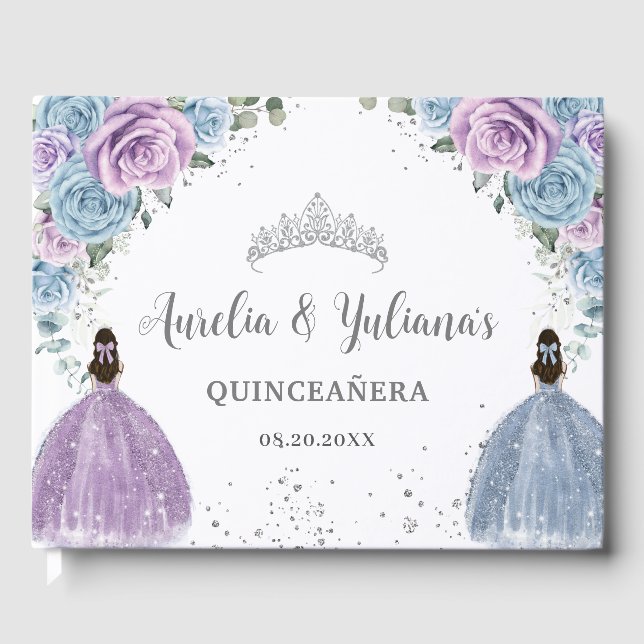 Baby Blue Lilac Floral Princesses Twin Quinceañera Guest Book (Front)