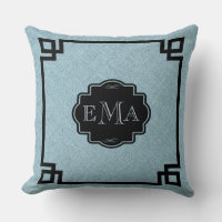 Baby Blue Linen Texture Black Frame & Monogram
