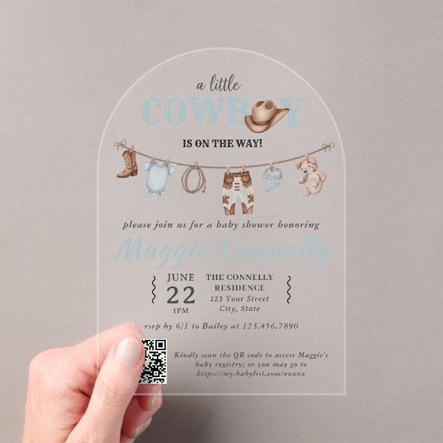 Baby Blue Little Cowboy is on the Way Acrylic Invitations (Insitu (Handheld))