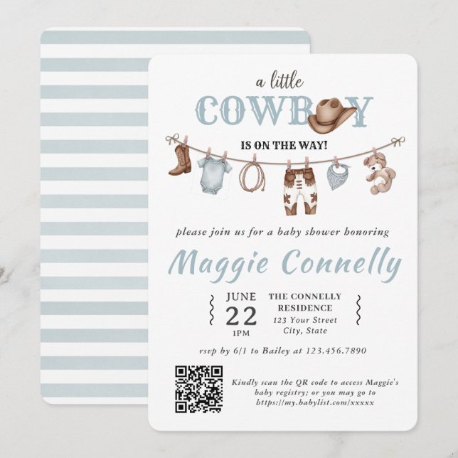 Baby Blue Little Cowboy is on the Way Invitation (Front/Back)
