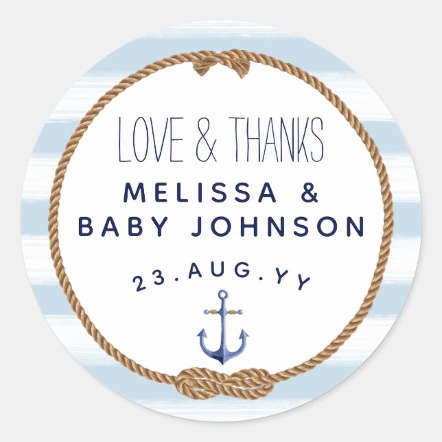 Baby Blue Love & Thanks Nautical Baby Shower Favou Classic Round Sticker (Front)