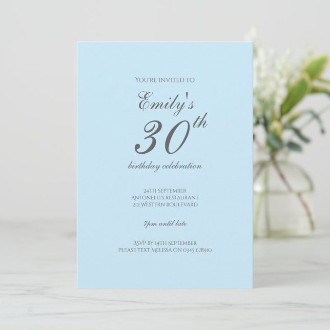 Baby Blue Minimalist 30th Birthday Invitation (Standing Front)