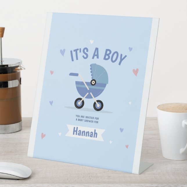 Baby Blue Minimalist Boy Baby Shower Invitation Pedestal Sign (In SItu)