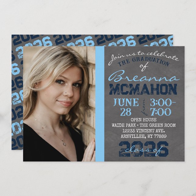 Baby Blue & Navy Chalkboard Graduation Invitation (Creator Uploaded)