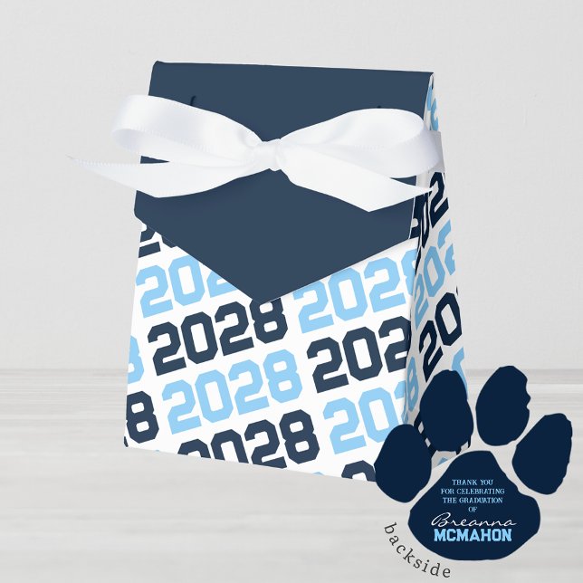 Baby Blue & Navy Grad Thank You Pawprint Back Gift Favour Box (Repeating Class of ANY Year Navy and Light Blue Favor Gift Boxes)