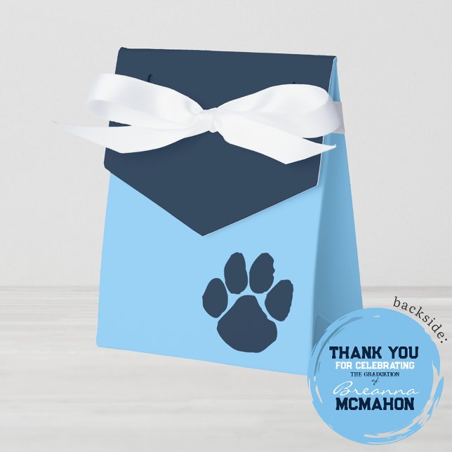 Baby Blue & Navy Pawprint Graduation Favour Boxes (Pawprint Navy Blue and Light Baby Blue Favor Gift Boxes with Personalized Backside)