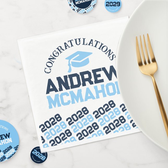 Baby Blue Navy Personalised Graduation Party Paper Napkin (Repeating Class Year + Baby Blue Graduation Cap Personalized Paper Napkins)