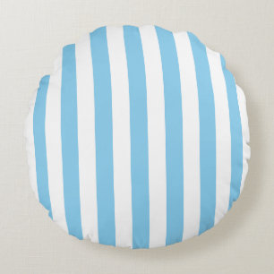 Baby Blue on White Large Size Stripes Round Cushion