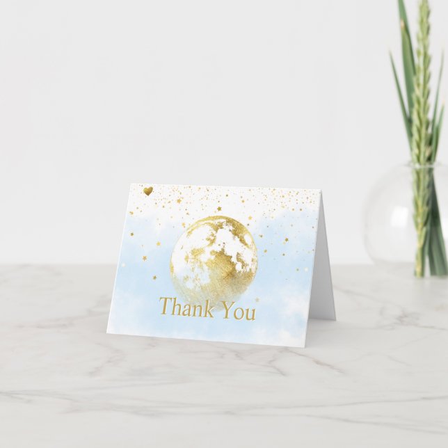 Baby Blue Over the Moon and Stars Celestial Gold Thank You Card (Front)