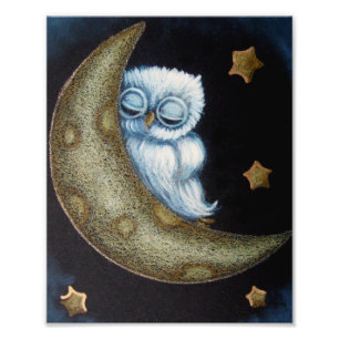 BABY BLUE OWL SLEEPING IN THE MOON 8" X 10" POSTER