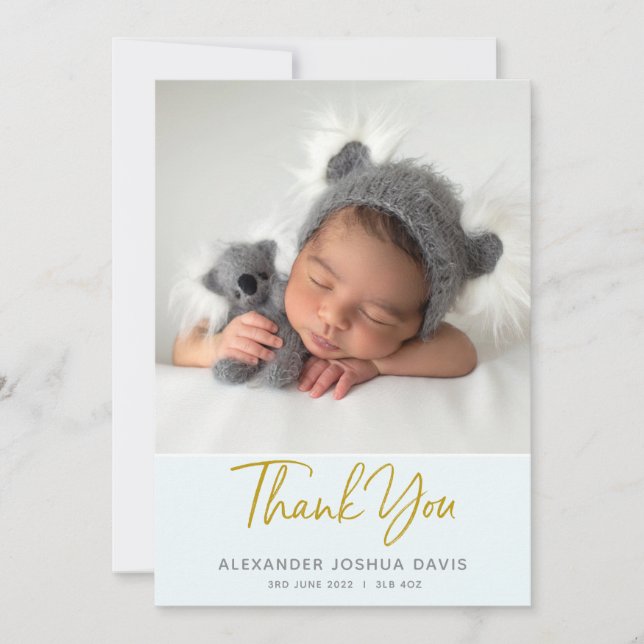 Baby blue pastel baby thank you card with photo (Front)