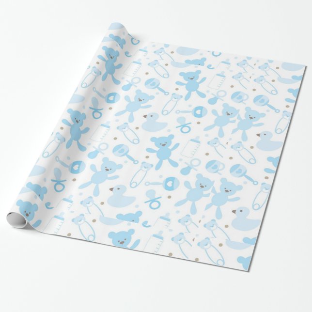 Baby Blue Patterns Wrapping Paper (Unrolled)