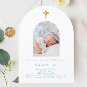 Baby blue photo arch boy Baptism Invitation