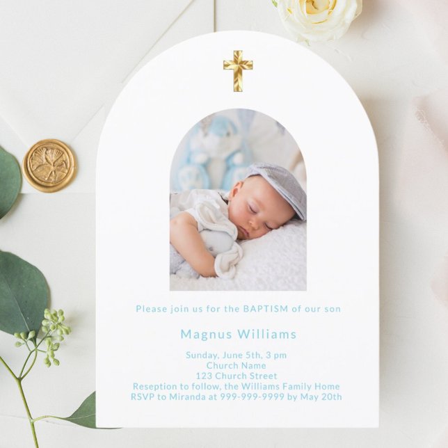 Baby blue photo arch boy Baptism Invitation (Creator Uploaded)