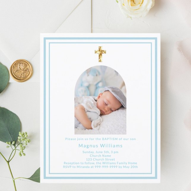 Baby blue photo arch boy Baptism invitation (Creator Uploaded)