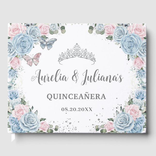Baby Blue Pink Floral Butterflies Twin Quinceañera Guest Book (Front)