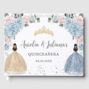 Baby Blue Pink Floral Princesses Twins Quinceañera Guest Book