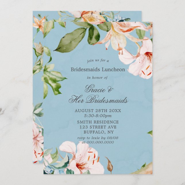 Baby Blue Pink Lily Bridesmaids Luncheon Invites (Front/Back)
