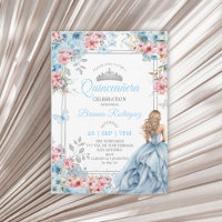 Baby Blue Pink Silver Floral Butterfly Quinceañera