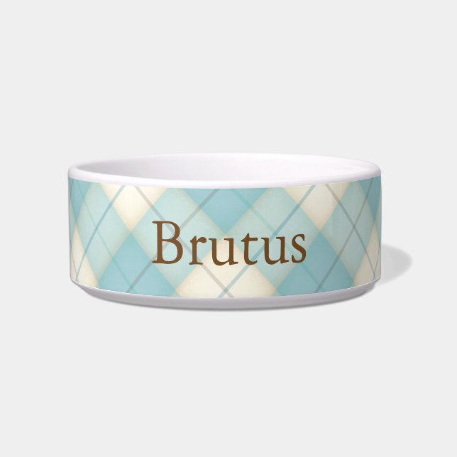 Baby Blue Plaid Tartan Personalised Cat or Dog Bowl (Front)