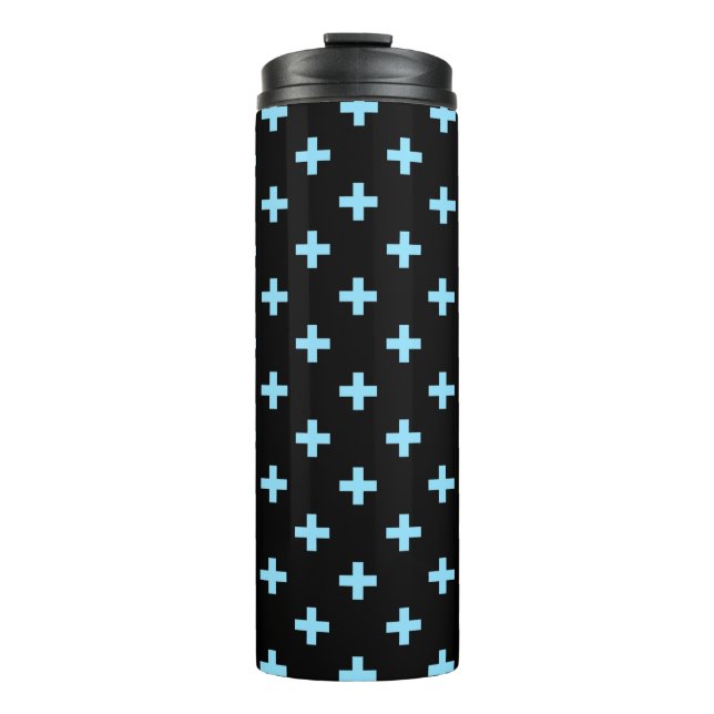 Baby blue polka crosses on black thermal tumbler (Front)
