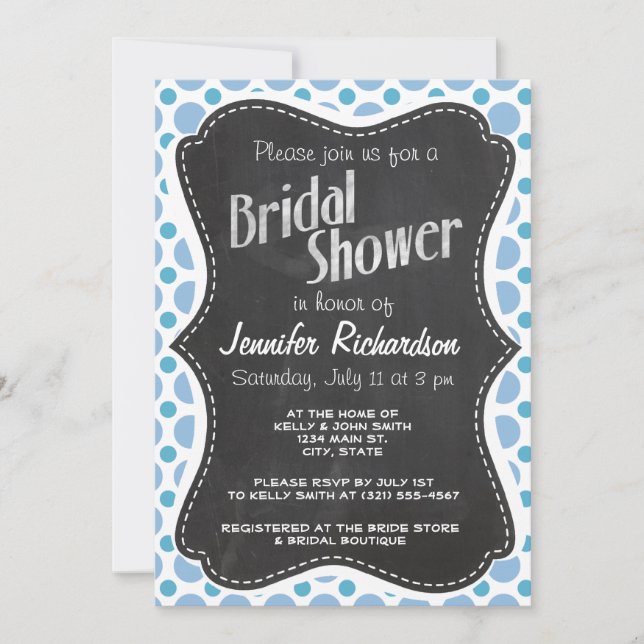 Baby Blue Polka Dots; Vintage Chalkboard Invitation (Front)