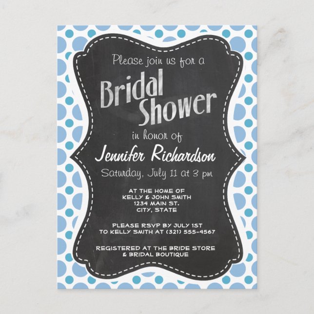 Baby Blue Polka Dots; Vintage Chalkboard Invitation Postcard (Front)