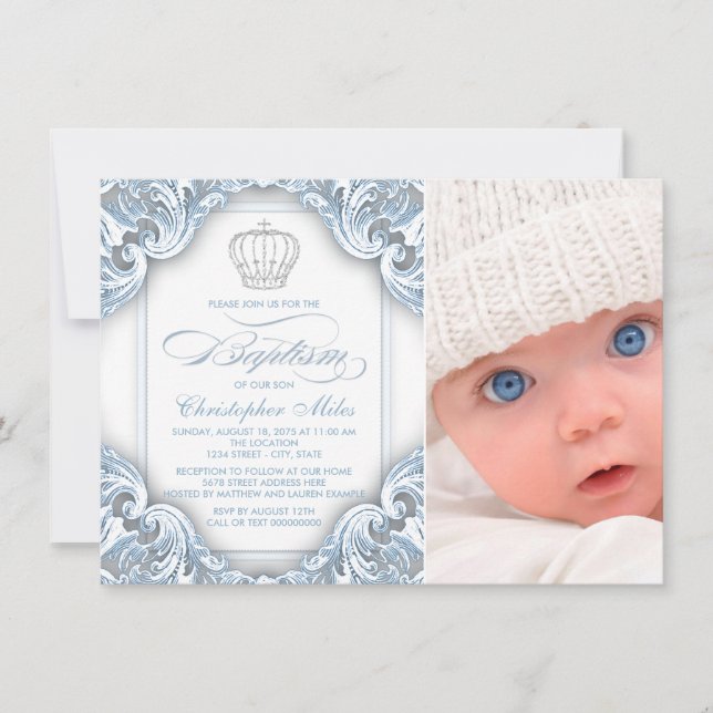 Baby Blue Prince Crown Baptism Invitation (Front)