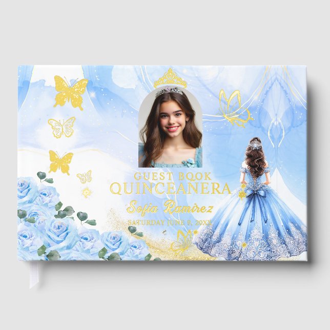 Baby Blue Princess Photo Gold Foil Quinceañera Guest Book (Front)