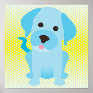 Baby Blue Puppy Dog on Yellow Poster