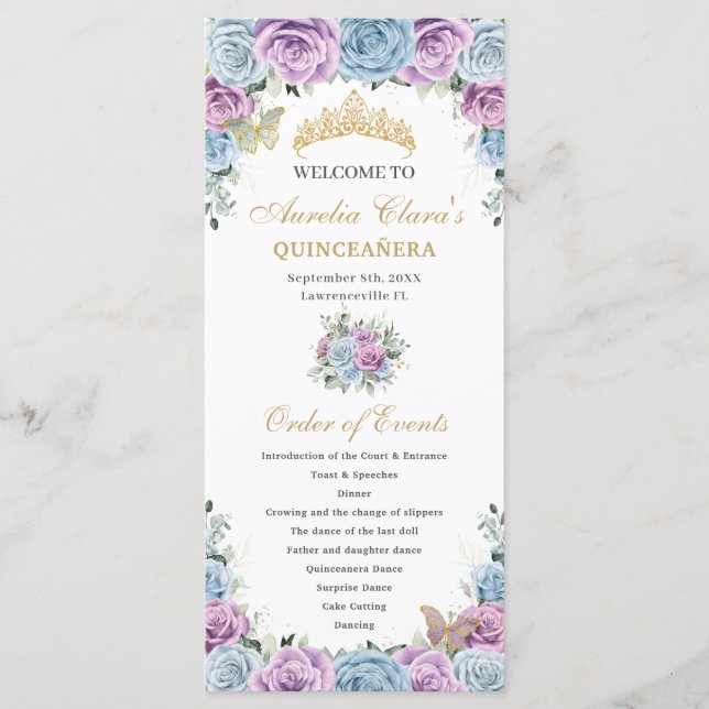 Baby Blue Purple Floral Quinceañera Order Events Programme (Front)