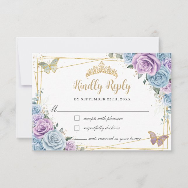 Baby Blue Purple Lilac Floral Quinceañera Sweet 16 RSVP Card (Front)