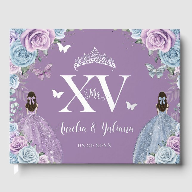 Baby Blue Purple Lilac Floral Twins Quinceañera Guest Book (Front)
