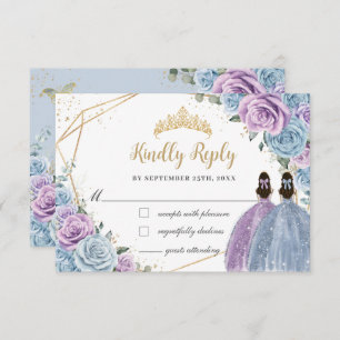 Baby Blue Purple Lilac Floral Twins Quinceañera RSVP Card