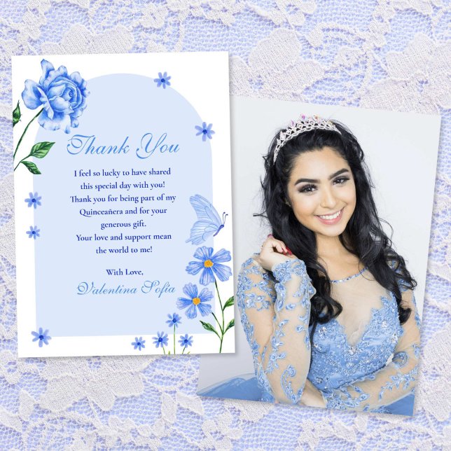 Baby Blue Quinceañera Roses and Butterflies Photo Thank You Card (Baby Blue Quinceañera Roses and Butterflies Photo Thank You Card)